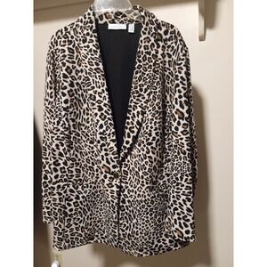 Susan Graver Leopard Print Liquid Knit Blazer Jacket Tan Black 1XP Petite